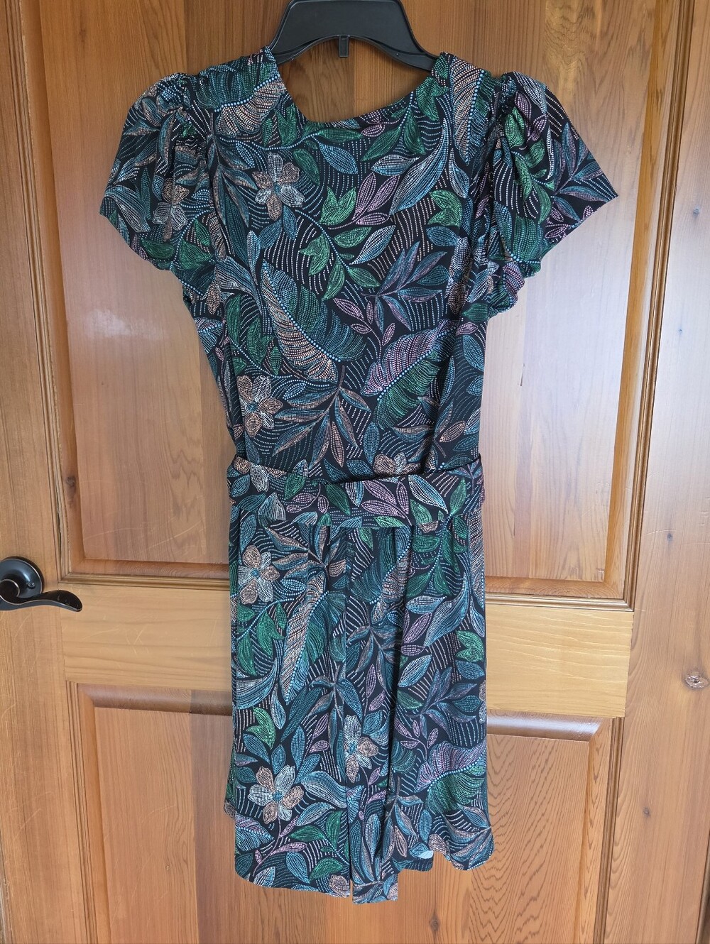 NEW, Leota Black Romper with Green and Teal Leaf Print, Sz. 1X